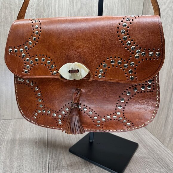 Vintage Studded Shoulder Purse Tassel Flap Adjustable Leather Brown - Picture 3 of 13